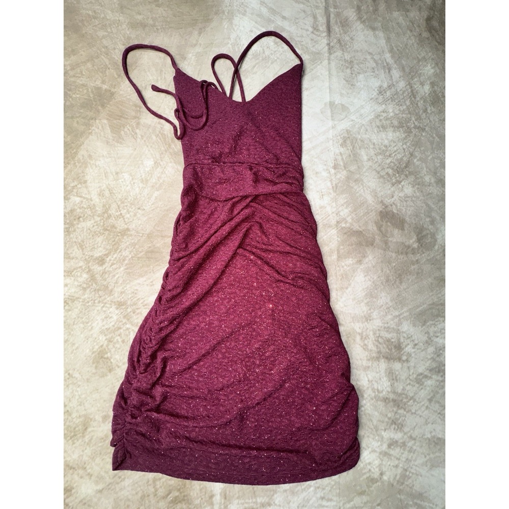 Windsor Burgundy Sparkle Cowl Neck Drawstring Bodycon Mini Dress Size Medium